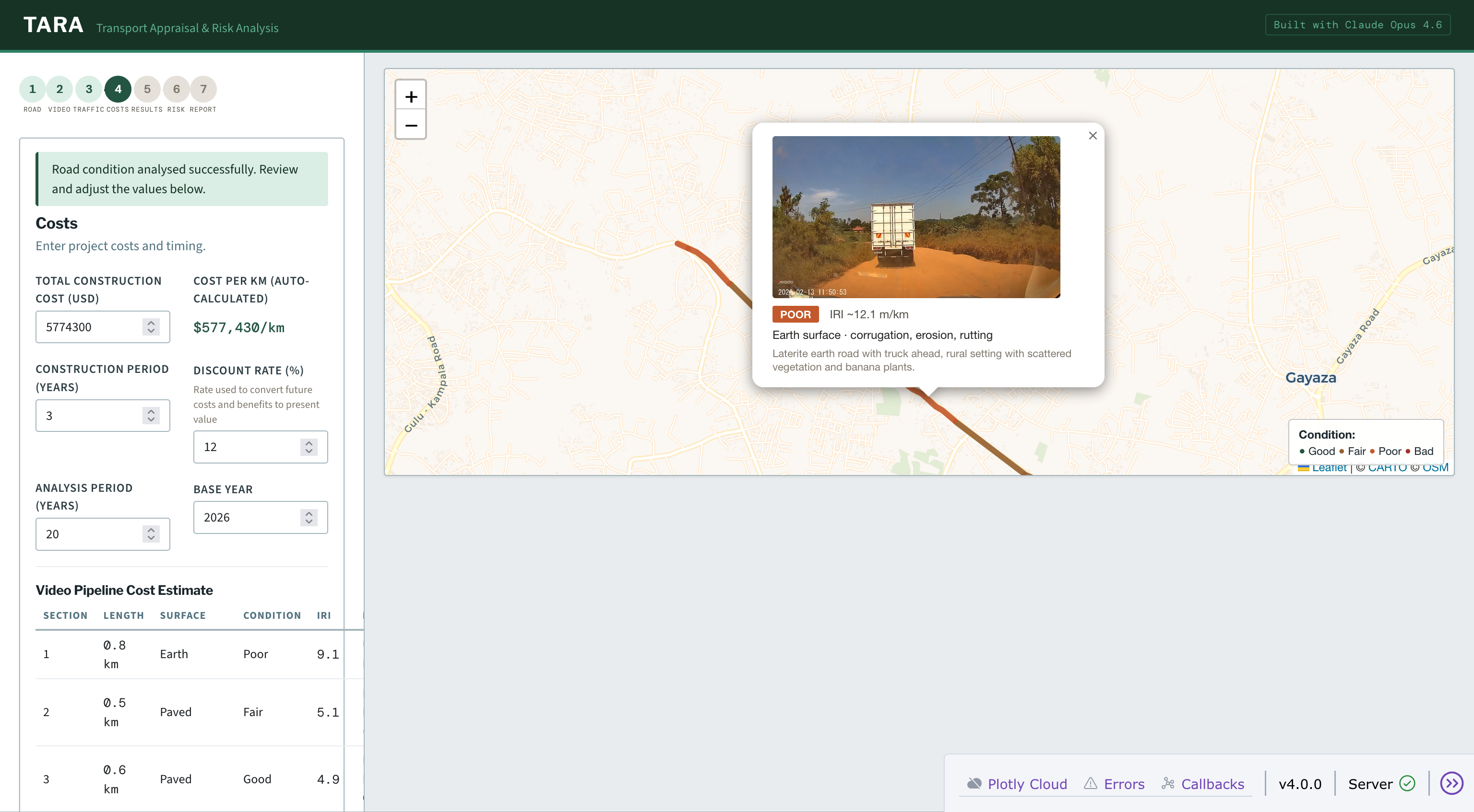 Screenshot: Road sections scored by Claude Vision